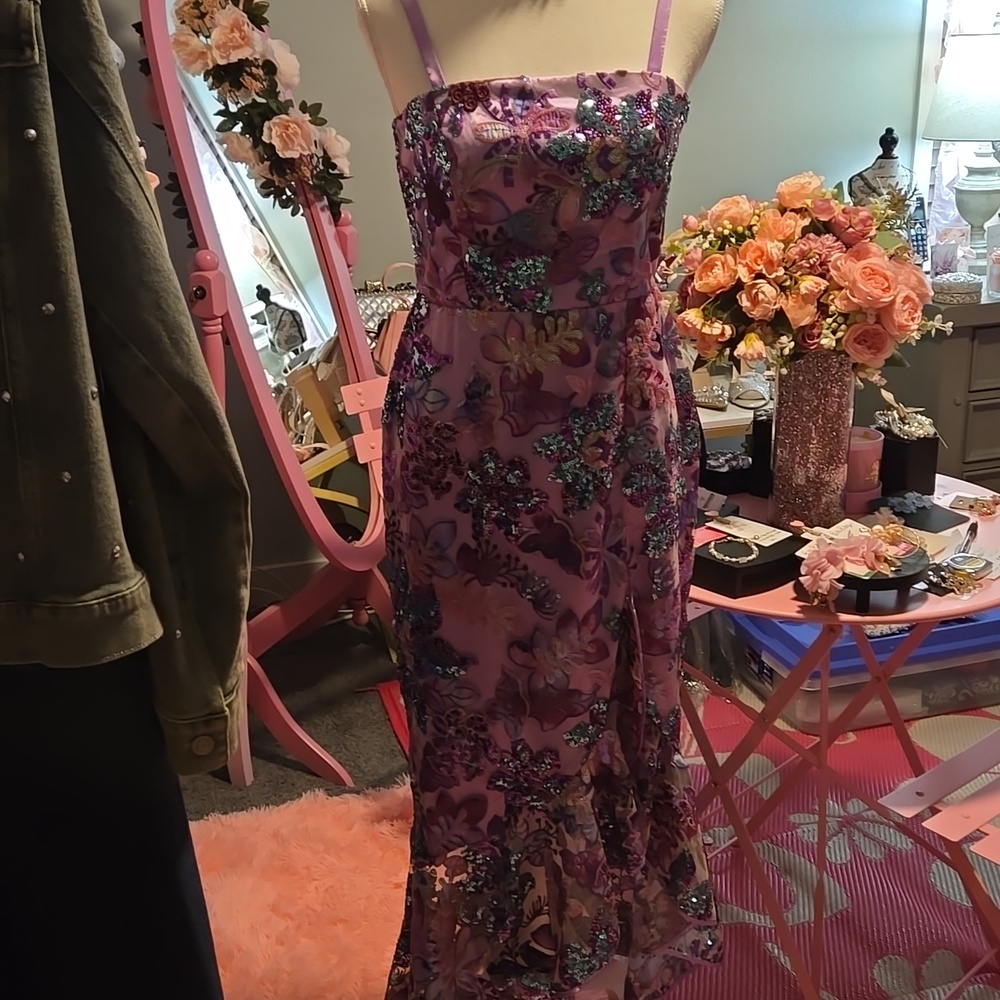 Boston Proper Floral Embroided Mesh Applique Ruffle Slit Midi Purple Dress - Picture 11 of 17